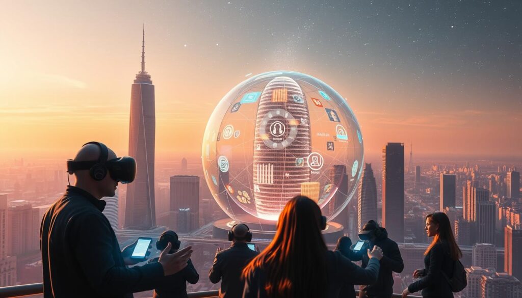 A futuristic cityscape bathed in a warm, ethereal glow, buildings and skyscrapers seamlessly blending with holographic projections and augmented reality interfaces. In the foreground, a group of people immersed in virtual reality, their faces obscured by sleek, high-tech headsets, gesturing and interacting with digital elements that appear to float in the air around them. The middle ground features a towering, transparent dome-like structure, its inner walls shimmering with data visualizations and three-dimensional social media hubs. In the background, a vast, star-filled sky and a horizon line where the physical and digital realms converge, creating a sense of boundless, interconnected possibilities. A futuristic cityscape bathed in a warm, ethereal glow, buildings and skyscrapers seamlessly blending with holographic projections and augmented reality interfaces. In the foreground, a group of people immersed in virtual reality, their faces obscured by sleek, high-tech headsets, gesturing and interacting with digital elements that appear to float in the air around them. The middle ground features a towering, transparent dome-like structure, its inner walls shimmering with data visualizations and three-dimensional social media hubs. In the background, a vast, star-filled sky and a horizon line where the physical and digital realms converge, creating a sense of boundless, interconnected possibilities.