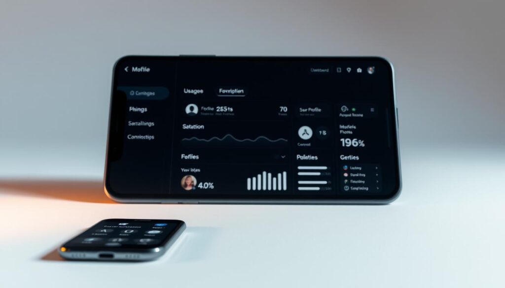 A sleek, modern mobile application interface with a clean, minimal design. The foreground showcases a selection of intuitive app icons and user interaction elements like buttons, sliders, and toggles. The middle ground features a simple, elegant dashboard displaying usage statistics, user profiles, and other key information. The background has a subtle gradient or textured pattern, creating a sense of depth and sophistication. The lighting is soft and directional, highlighting the interface elements and creating a warm, inviting atmosphere. The perspective is slightly angled to give the scene a dynamic, engaging feel. A sleek, modern mobile application interface with a clean, minimal design. The foreground showcases a selection of intuitive app icons and user interaction elements like buttons, sliders, and toggles. The middle ground features a simple, elegant dashboard displaying usage statistics, user profiles, and other key information. The background has a subtle gradient or textured pattern, creating a sense of depth and sophistication. The lighting is soft and directional, highlighting the interface elements and creating a warm, inviting atmosphere. The perspective is slightly angled to give the scene a dynamic, engaging feel.