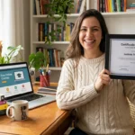 Pessoa sorrindo com diploma e computador, simbolizando cursos gratuitos que transformam currículos com certificado.