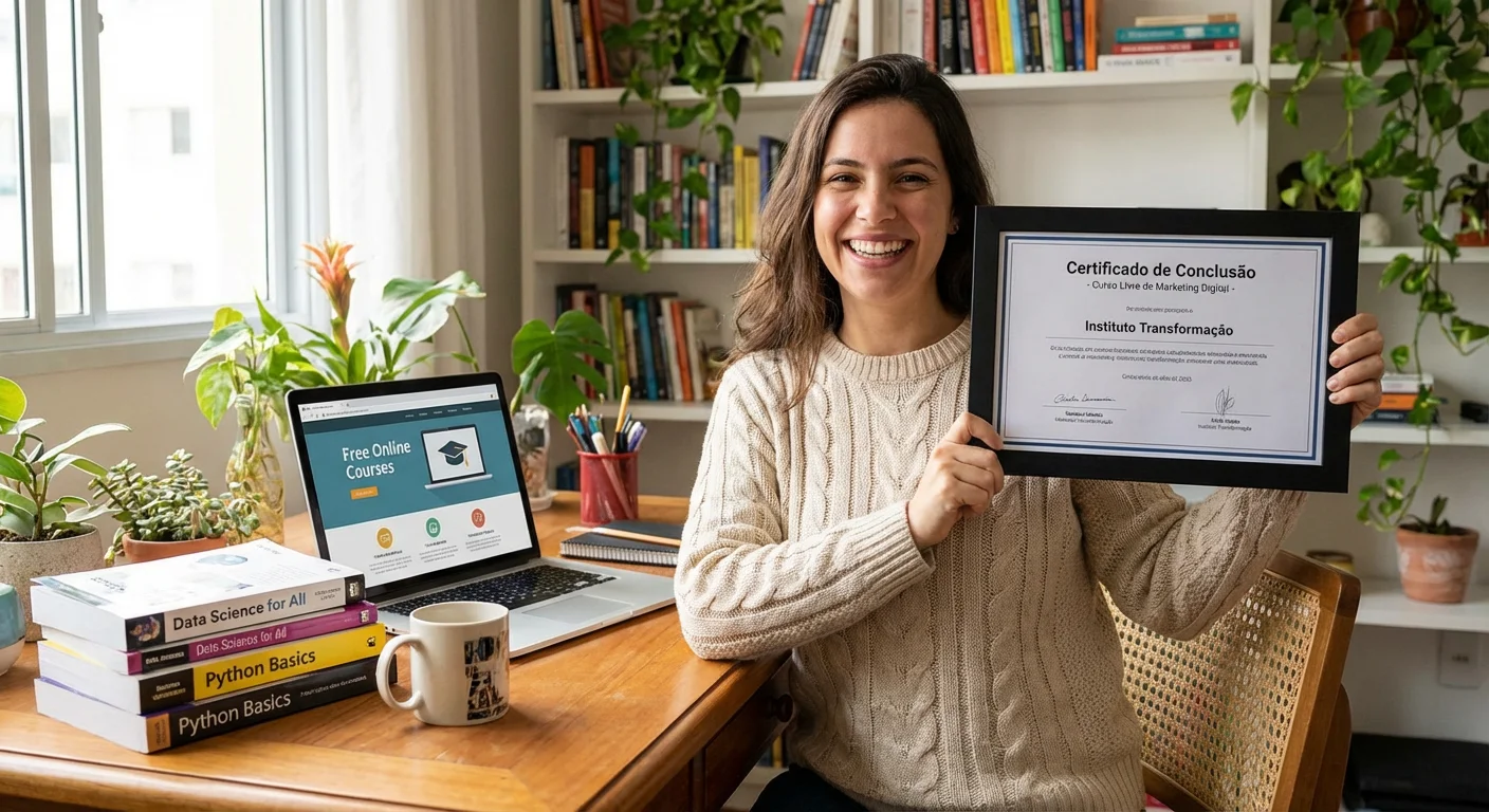 Pessoa sorrindo com diploma e computador, simbolizando cursos gratuitos que transformam currículos com certificado.