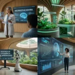 Profissionais da educação em ambientes de aprendizado futuristas, ilustrando as profissões em alta até 2030.