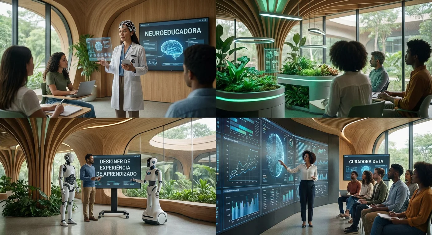 Profissionais da educação em ambientes de aprendizado futuristas, ilustrando as profissões em alta até 2030.