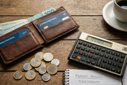 Carteira, moedas e calculadora sobre uma mesa, simbolizando planejamento e gestão de finanças pessoais.