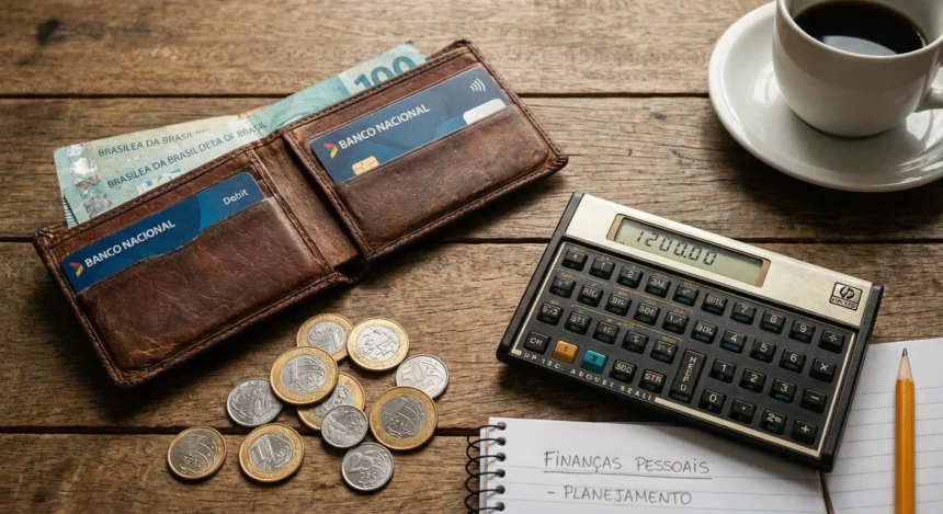 Carteira, moedas e calculadora sobre uma mesa, simbolizando planejamento e gestão de finanças pessoais.