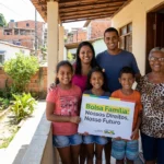 Família brasileira sorrindo, representando os beneficiários do Bolsa Família e seus direitos.