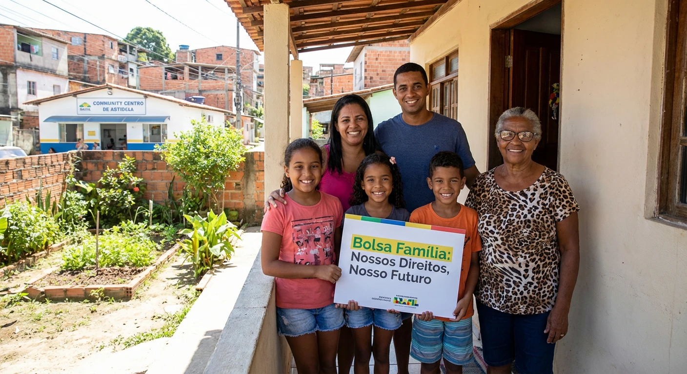 Família brasileira sorrindo, representando os beneficiários do Bolsa Família e seus direitos.