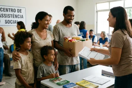 Família recebendo auxílio social, evidenciando benefícios para baixa renda e inclusão.