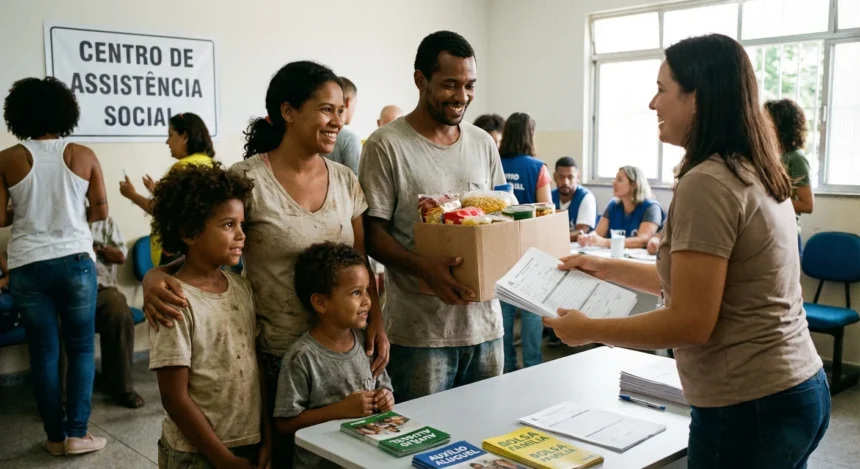 Família recebendo auxílio social, evidenciando benefícios para baixa renda e inclusão.