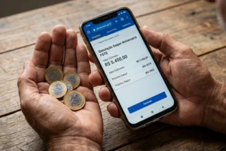 Mãos segurando moedas e um smartphone, mostrando a simulação do saque-aniversário do FGTS.