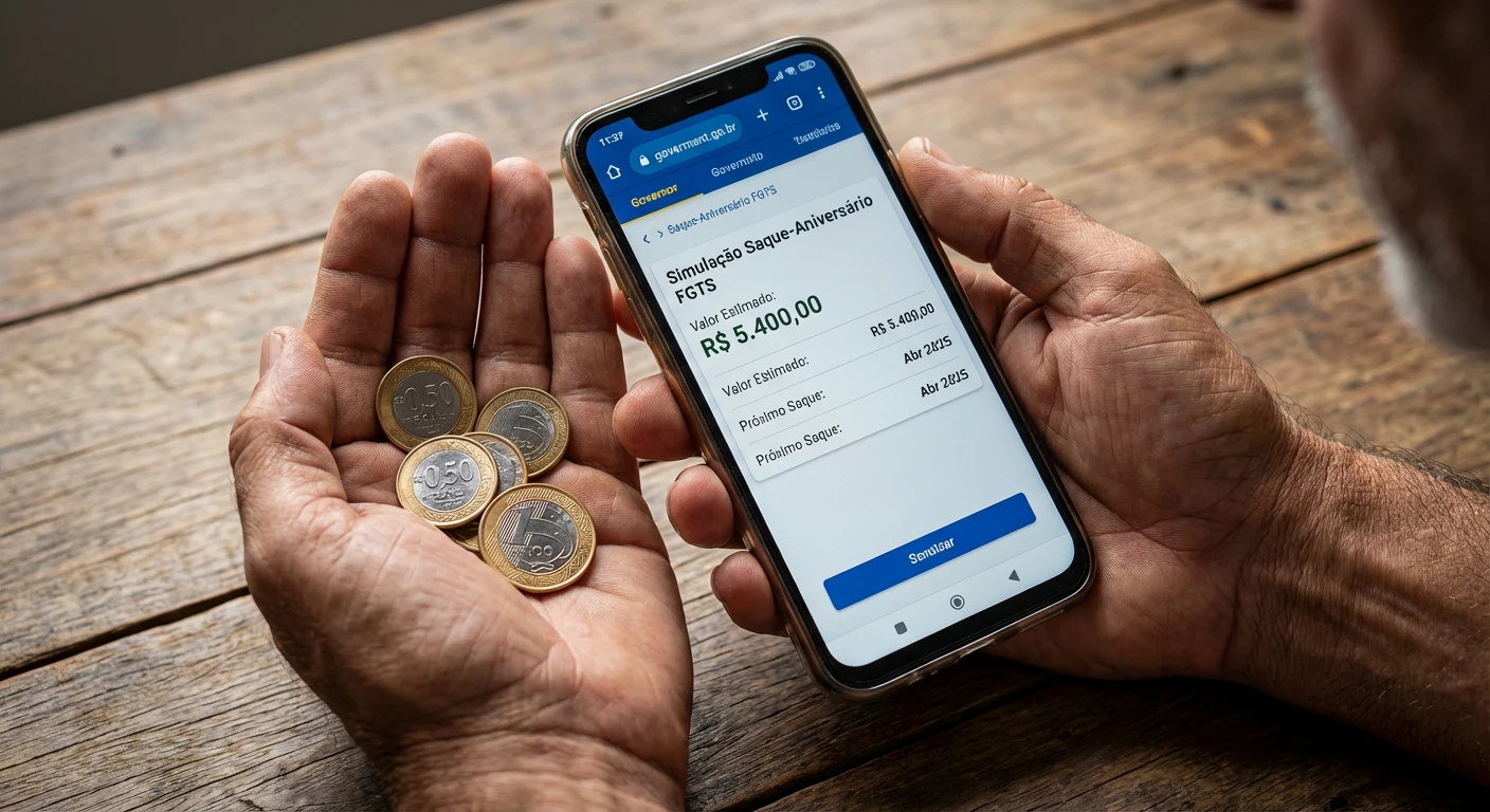 Mãos segurando moedas e um smartphone, mostrando a simulação do saque-aniversário do FGTS.