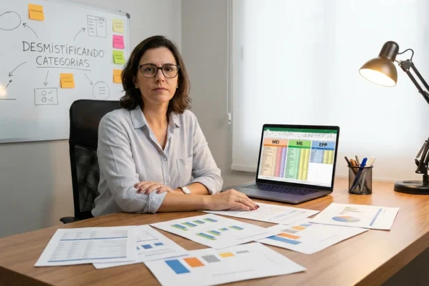 Pessoa analisando tabelas de MEI, ME e EPP, desmistificando as categorias para empreendedores