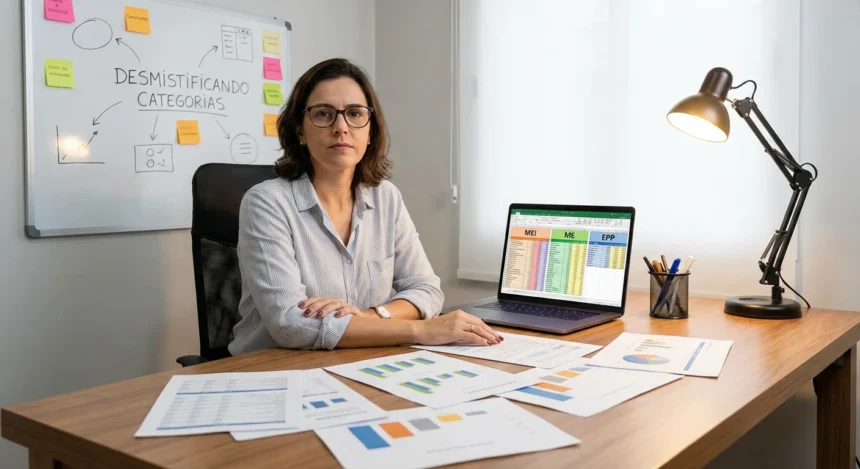 Pessoa analisando tabelas de MEI, ME e EPP, desmistificando as categorias para empreendedores