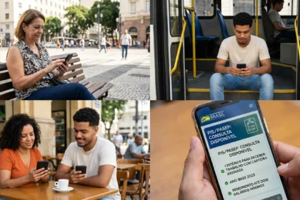 Pessoas consultando PIS/Pasep pelo celular, destacando critérios de quem pode receber o benefício.
