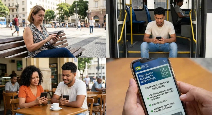 Pessoas consultando PIS/Pasep pelo celular, destacando critérios de quem pode receber o benefício.