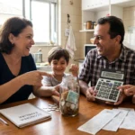 Pessoas felizes com calculadora e moedas, simbolizando economia de dinheiro no dia a dia.