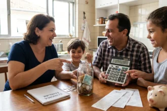 Pessoas felizes com calculadora e moedas, simbolizando economia de dinheiro no dia a dia.