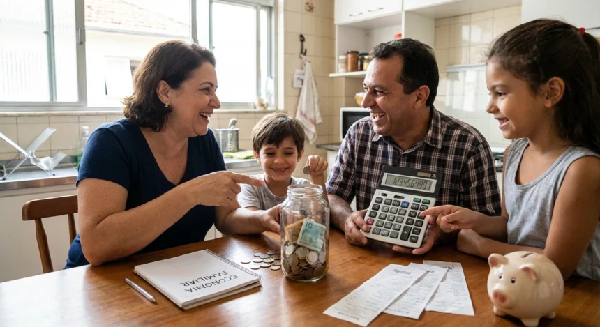 Pessoas felizes com calculadora e moedas, simbolizando economia de dinheiro no dia a dia.
