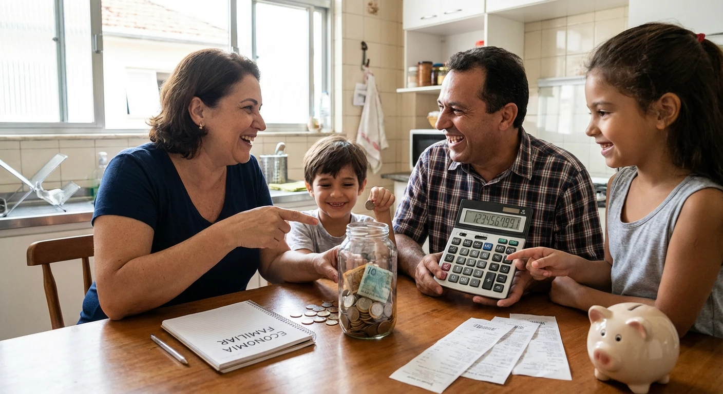 Pessoas felizes com calculadora e moedas, simbolizando economia de dinheiro no dia a dia.