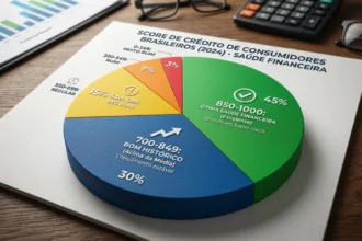 Pie chart detalhando alto score de crédito para consumidores brasileiros, indicando ótima saúde financeira e bom histórico.