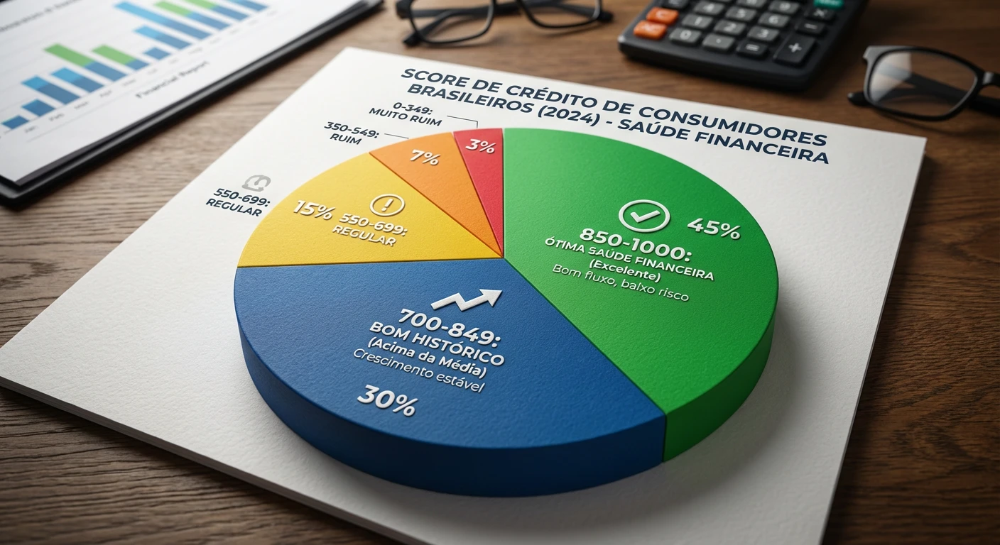 Pie chart detalhando alto score de crédito para consumidores brasileiros, indicando ótima saúde financeira e bom histórico.